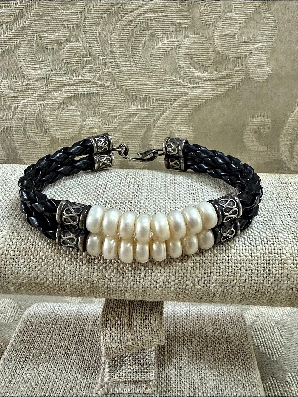 Vintage 925 Sterling Silver Two Row Pearl Braided Black Leather Bracelet